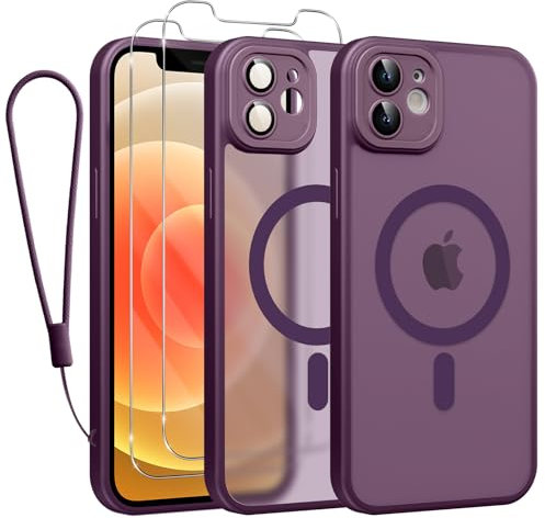 Phoona Magnétique Coque pour iPhone 12 Con Cordon, [Compatible avec MagSafe], Etui Translucide Mat Arrière Housse Fine Antichoc Case avec 2 Pièces Verre Trempé Étui, Violet