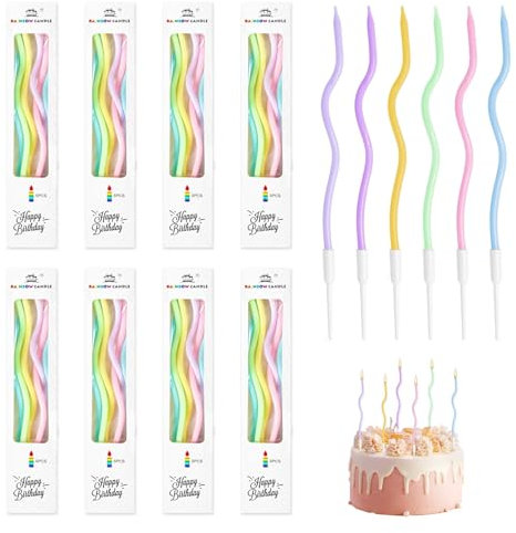 48 Stück Gebogen Geburtstag Kerzen, Spiral Kuchen Kerzen Metallisch Morandi-Farben Dünn und Lange Geburtstagskerzen mit Halter für Kuchen, Ideal für Geburtstag und Hochzeitsparty Dekoration
