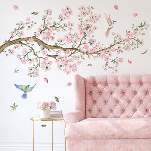 Mayoii Peach Blossom Tree Branch Wall Decals Pink Flower Birds Wall Stickers Bedroom Living Room Sofa TV Background Wall Decor (Muiticolor-Set2, One Size)