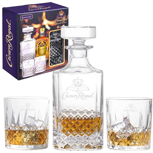 LORD'S ROCKS Crown Royal Glass Whiskey Decanter Set – 750ml Decanter with Two 10oz Glasses – Officially Licensed Barware for Bourbon, Scotch & Cocktails Compatible