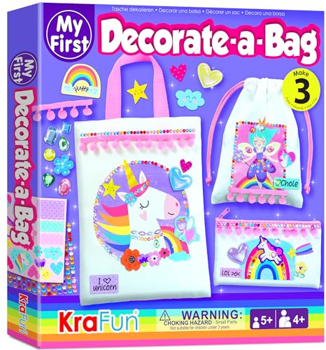 KraFun Dekoriere-eine-Tasche Bastelset für Kinder 5+, Einhorn & Fee mit Aufklebern & Edelsteinen, 3 DIY Taschen, Anleitungen, Kreativset für Mädchen & Jungen, Lernspielzeug