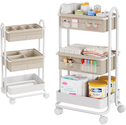 Modanais 3 Etagen Beweglicher Windeltasche Organizer, Baby Windel Caddy Organizer, Wickeltisch Rollwagen mit Trennwänden, Neugeborene Wickelorganizer Rollwagen, Eisenstruktur, Einfach zu Montier