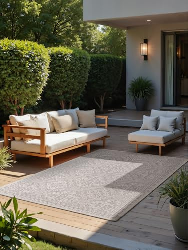 Northrugs Rosel In- & Outdoor Teppich Orientalisch - Flachgewebe, Wendeteppich mit Orient Design, Klassisch, ÖKO-TEX Wetterfest & UV-beständig für Balkon, Terrasse, Garten – Weiß Grau, 120x170cm