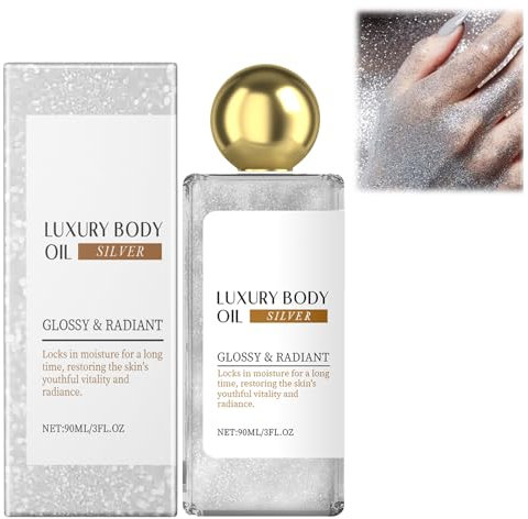 Olio Corpo Lucente Con Glitter | Idratante & Illuminante per Viso, Corpo E Capelli | Luminizer Liquido Con Scaglie Luccicanti | Formula Rapido Asciugatura | 90ml (Argento)