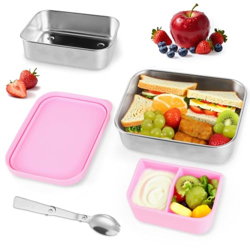 BITOYO Edelstahl Kinder Brotdose mit Silikondeckel, Brotdose mit Fächern 1 Löffel Edelstahl, BPA Frei Bento Box, Auslaufsichere Snackbox Schule Kindergarten Ausflug, Frühstücksbox Kinder (700ML)