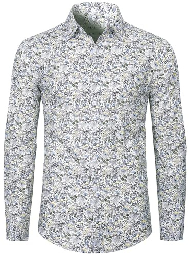 fohemr Mens Floral Shirt Casual Button Down Long Sleeve Flower Printed Shirt 100% Cotton Light Blue Large