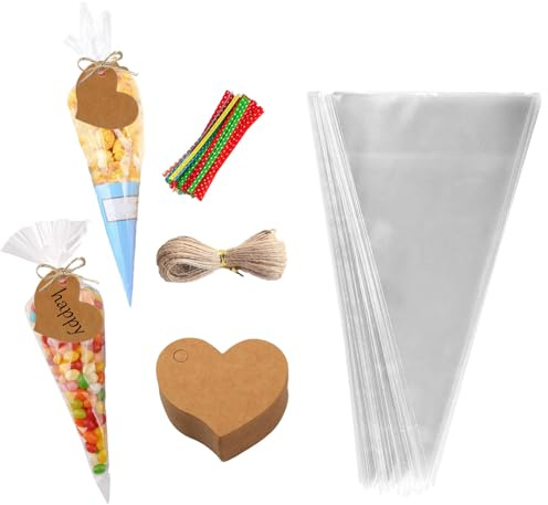 100pcs Sachet Cône Transparent Bonbons Sacs Cellophane Plastique | avec Liens Torsadés Sachet Pop Corn Friandises Pochette pour Bonbons Cadeau Fête Party Mariage 13x25cm avec Etiquette Cadeau