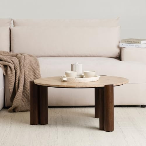 IDIMEX TAPTI Couchtisch mit Tischplatte aus Travertin 80 cm, Braun/Beige - Runder Wohnzimmertisch aus massivem Mangoholz, Coffee Table, Beistelltisch mit Marmor Optik, moderner Clubtisch