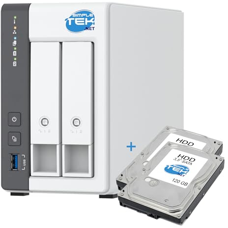 SIMPLETEK - Sistema NAS a 2 Bay (Slot) con 4 GB RAM e 2 HDD da 120 GB Inclusi (240 GB Totali), LAN 2.5 Gigabit per Cloud Domestico - (Ricondizionato)