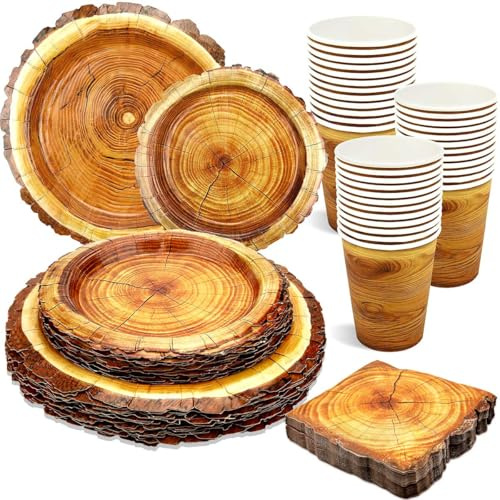 100 Pieces Camping Wood Grain Slice Tableware Set Rustic Wood Party Decorations Plates Napkins Cups or Hunting Birthday Party Decorations Serve 25 Guests