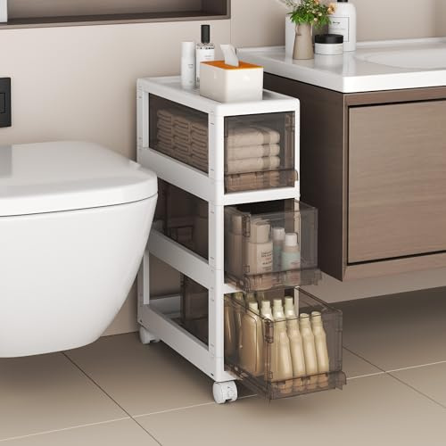YVVVVY 20cm Bathroom Floor Cabinet on Wheels, Slim Drawer Storage Unit, Freestanding Toliet Organiser for Bathroom, Kitchen, Laundry Room (3 tiers, 20 * 42 * 58cm, Without Guard Rail)
