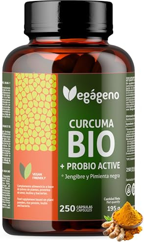 Cúrcuma con Jengibre y Pimienta Negra Bio – 250 Cápsulas con Probióticos (200 millones de UFC) y Prebióticos (Inulina Orgánica) – Curcumina y Piperina – VEGAGENO
