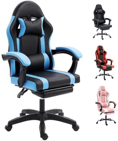 Ergonomic Gaming Chair, Office Chair Swivel Desk Chairs With Padded Armrest & Lumbar Cushion, 3D Armrests, High-Density Adjustable Height Recliner Computer Chair with footrest For Boys(Blue)