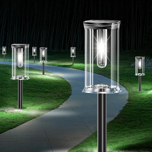 SOLARBABY Pack de 12 Luces Solares LED Exterior Jardin, Luces Solares Exterior IP65 con Sensor Crepuscular y Encendido Auto, Iluminación Solar para Camino, Jardín, Terraza y Acera, Luz Blanca Fría