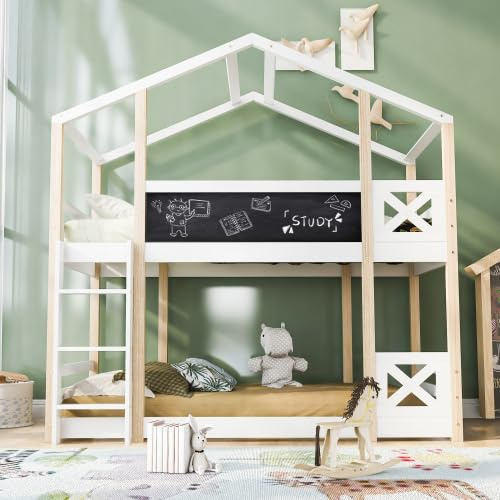 chellago Baumhaus-Hochbett Kinderbett Hochbett mit Tafel, 90x200 cm Massivholz Kiefer, EN 747-1:2024 Zertifiziert, 2X Lattenrost inklusive, mit Leiter & Herausfallschutz, Natur/Weiß, ohne Matratze