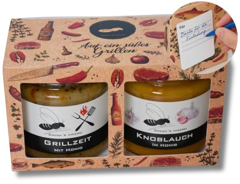 Grill Honigsüßes Geschenk Box 2er Set | 2× 250 g Grill Honigspezialitäten nach Wahl | Gastgeschenk mit Grußfeld | Grega's Imkerei (Grillzeit & Knoblauch im Honig je 250g)