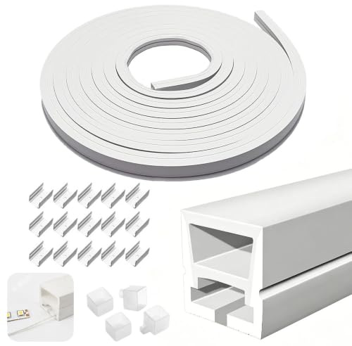TOPRUNYI LED Profil Weiß 5 m, LED Streifen aus Flexibles Silikon,led-Kanal 12×12 mm,IP65 wasserdicht,Endkappen & Montageclips, DIY Neonbeleuchtung für Decken, Schränke, Bars und Akustikpaneelen