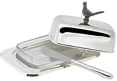 EDZARD Mantequillera / Mantequera Faisán, 13 x 18 cm, para 250 gramos de mantequilla, plateada, resistente al deslustre, con inserto tazón de vidrio, incl. cuchillo para mantequilla