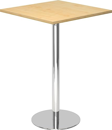 bümö Stehtisch Büro, Bistrotisch eckig 80 x 80 cm - Bartisch Ahorn, Stehtisch Holz-Platte, Säule aus Metall verchromt, Buffettisch, Säulentisch, Partytisch, Thekentisch, Hochtisch, Barmöbel