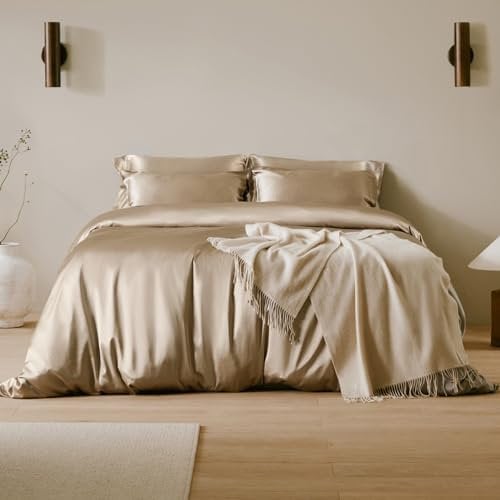 LilySilk 6Pcs Silk Bedding Sheets 19 Momme Duvet Cover with Fitted Sheet Pillowcases Set for King Bed 100% Mulberry Silk (King, Taupe)