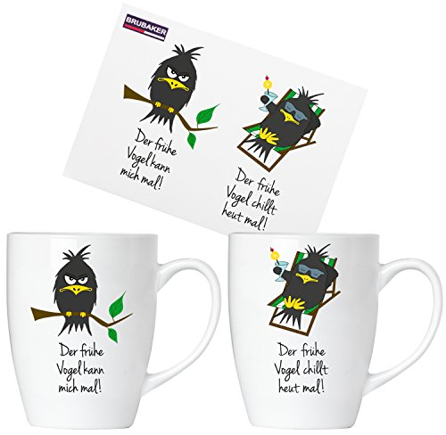 BRUBAKER Der frühe Vogel Tassen Set aus Keramik - Grußkarte und Geschenkpackung