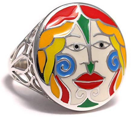 loveyourdiamonds Bunter Yin und Yang Statement Silber Ring mit zwei Gesichtern aus 925 Sterling Silber, rot gelb orange
