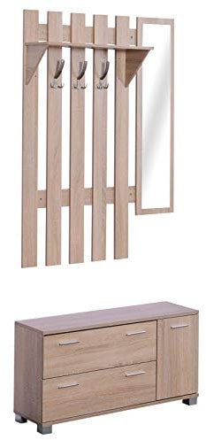 HOMCOM Flur-Set mit Spiegel, Garderobe und Schuhregal 3 Haken, Regal und 2 Schubladen Flurmöbel Eiche