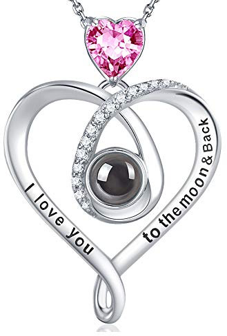 GinoMay Cadeaux d'anniversaire Femmes Bijoux de Naissance d'octobre Elle Collier je t'aime 100 Langues Rose Tourmaline Maman Femme Argent 925