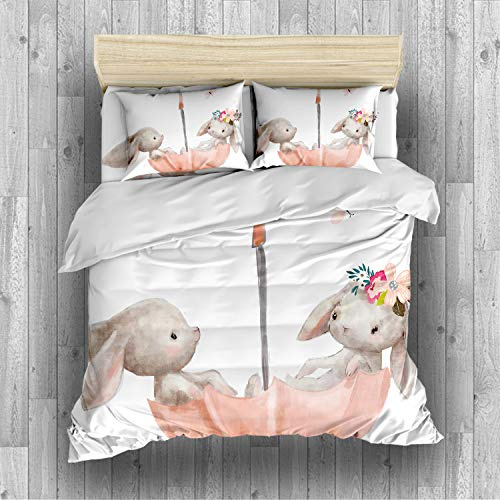 DEZEE Kinder Bettwäsche Hase/Kaninchen, Mikrofaser Bettbezug Set mit Kissenbezug, Süßes Häschen mit Blumenkorb, mit Reißverschluss, für Jungen und Mädchen (06,Single-3 PCS-140 * 210cm)