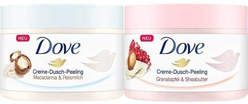 Dove Dusch-Peeling Macadamia & Reismilch, 4er Pack (4 x 225 ml) + Dove Creme-Dusch-Peeling für seidig glatte Haut Granatapfel & Sheabutter mit reichhaltiger Textur, 4er Pack (4 x 225 ml)