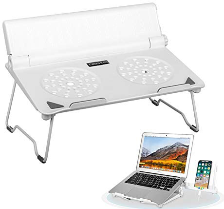 COOSKIN Lightweight Ventilated Laptop Desk Stand with Adjustable Phone Stand Holder Foldable & Portable Riser Compatible 13-17 inch Notebook Base Holder (White)