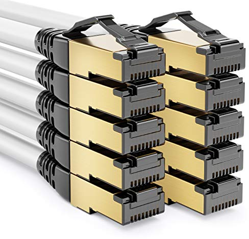 deleyCON 10x 2m Cable de Conexión CAT8.1 Cable de Red Cable de Datos S/FTP PIMF 2000MHz 40Gbit RJ45 Cable LAN DSL Cable Ethernet CAT.8 Conector RJ45 - Blanco