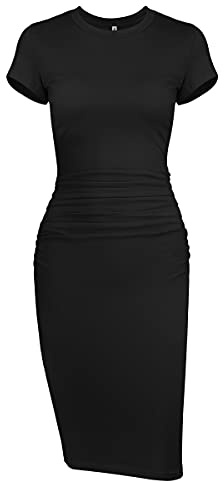 Ruched Bodycon Midi Tshirt Dress - Missufeintl Women's Casual Short Sleeve Fitted Sundress (Black, Large)