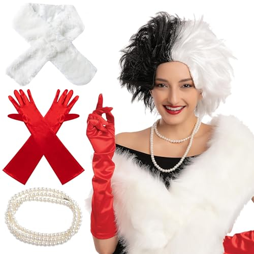 Spooktacular Creations Frauen Schwarz und Weiß Perücke Set mit Schal, Handschuhe und Halskette Short Bob Wavy Perücke Cruel Lady Halloween Perücke Cosplay Party Kostüm Synthetik Perücke
