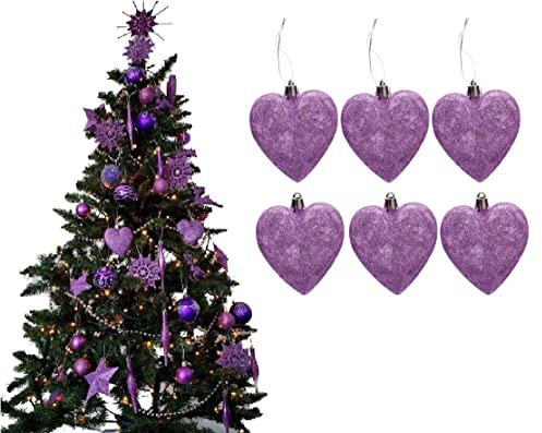 Simply Products 6 Heart Baubles - Great Christmas Tree Decorations, Glitter Heart Baubles (Lilac Glitter)