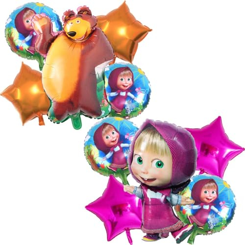 Masha and the Bear Party Supplies Miotlsy 10 Stück Mascha und der Bär Folienballon für Kinderparty Bär Ballondekoration, Cupcake Topper, Aluminiumfolienballons