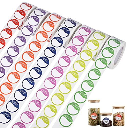 Days of The Week Labels, 3500 Food Label Stickers Circular Full Week Day Dots Food Rotation Label for Commercial Kitchen, Restaurants, and Catering Outlets(500 Labels per Roll)