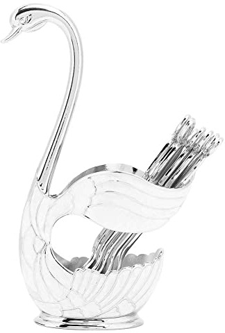 6 Pieces Coffee Spoons, Metal Dessert Spoon Set Swan Base Holder Decorative Tableware Dinnerware for Cake, Salad, Cocktail(Silver White)