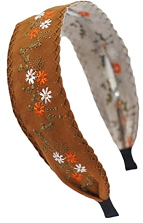 Onsoyours Damen Haarband Headband Stoff Haarreif mit Schleife-Vintage Blumen Stickerei Stirnband Boho Haarschmuck Stirnbänder Frauen Süße Haarwickel B Kamel Einheitsgröße