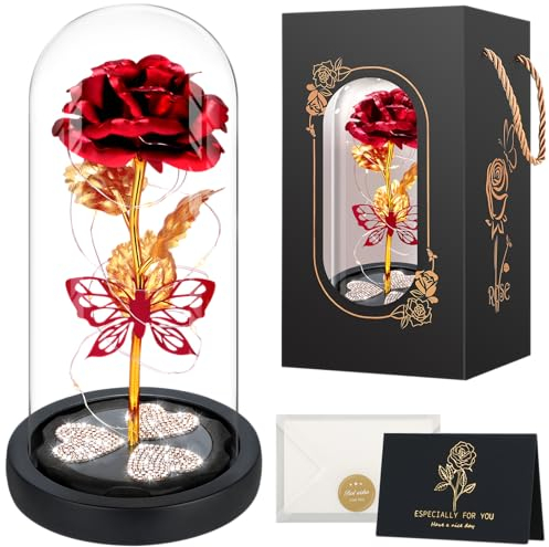 Rosa eterna en Tarro de Cristal con Luces LED, la Bella y el Animal, Rosas eternas Regalos para mamá, Flores conservadas Artificiales