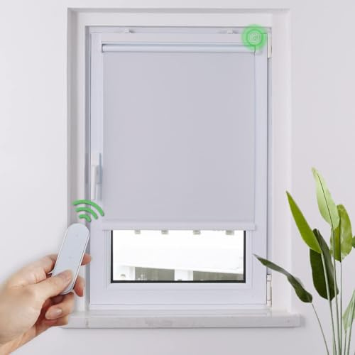HOMEDEMO M100 Elektrische Rollos Verdunkelungsrollo mit Motor & Fernbedienung, Weiß 105x170cm(BxH), Smart Rollo ohne Bohren klemmfix & mit Bohren, Sonnenschutz Sichtschutz Rollo für Fenster