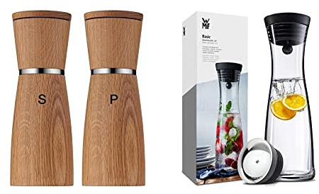 WMF Salz-/ Pfeffermühlen-Set 2-teilig Salzmühle Pfeffermühle Ceramill Nature mit Mahlwerk aus Keramik & Basic Wasserkaraffe 1,0l Höhe 29cm Glaskaraffe Karaffe CloseUp-Verschluss schwarz Glas Cromargan