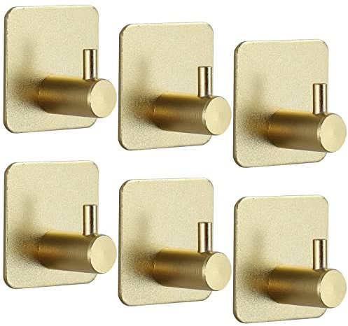 Scettar 6-Piece Gold Adhesive Hooks - Stainless Steel, Self-Adhesive, Heavy Duty for Kitchen/Bathroom/Living Room, Glass/Metal Door