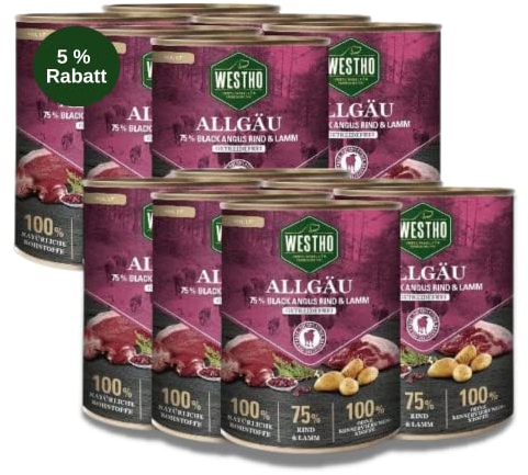 WESTHO Nassfutter Allgäu Adult Senioren (12 x 800 g) | 75% Black-Angus-Rind und Lamm | Getreidefrei | Hundefutter für aktive Hunde jeder Rasse | Reich an Antioxidantien