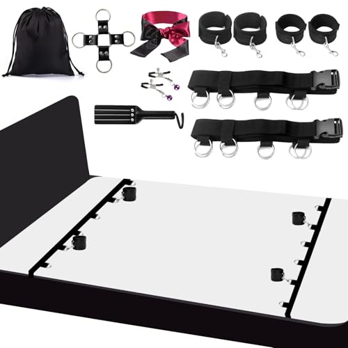 Kit de Contention au lit, Sex Toýs Femme XOPLAY Ensemble de Contention Sexuelle Sous le Matelas avec Poignets et Chevilles, Jeu Sexuel BDSM pour Couple, Bandeau, Chatouilleuse et Pinces à Tétons