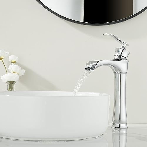 Maynosi Monomando Lavabo Cascada Alto, Grifo de Baño con Caño de Altura 200 mm, Grifo Mezclador de Baño Retro con Mangueras Flexibles, Grifos de Lavabo de Latón (Cromo)