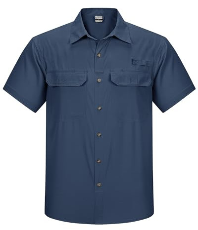 Outdoor Ventures Men's Quick Dry Casual Shirts UPF 50 Button Down Hiking Shirts Lightweight Short Sleeve Cooling Shirt for Safari Fishing Golf Travel Navy Blue XL