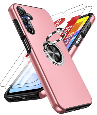 LeYi Coque pour Samsung Galaxy A15 4G/5G avec 2 Verre Trempé Vitre Protection et Anneau Telephone, Militaire PC et TPU Silicone Etui Antichoc Housse pour Samsung Galaxy A 15 - Rose