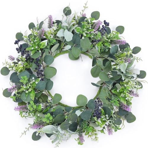 Dremisland Eukalyptus Türkranz die Haustür 55cm Künstliche Türkranz mit Lavendel Blumenkranz Faux Grün Blätter Eukalyptus Girlande Dekorativer Tischkranz Wandkranz Für Haustür Fenster Feier Dekor