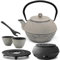 Asia Teekanne Gusseisen Set 1.1 Liter - grauer Teekessel & Edelstahl-Filter für losen Tee & 2 Tee-Becher & Stövchen & Untersetzer & Deckelheber